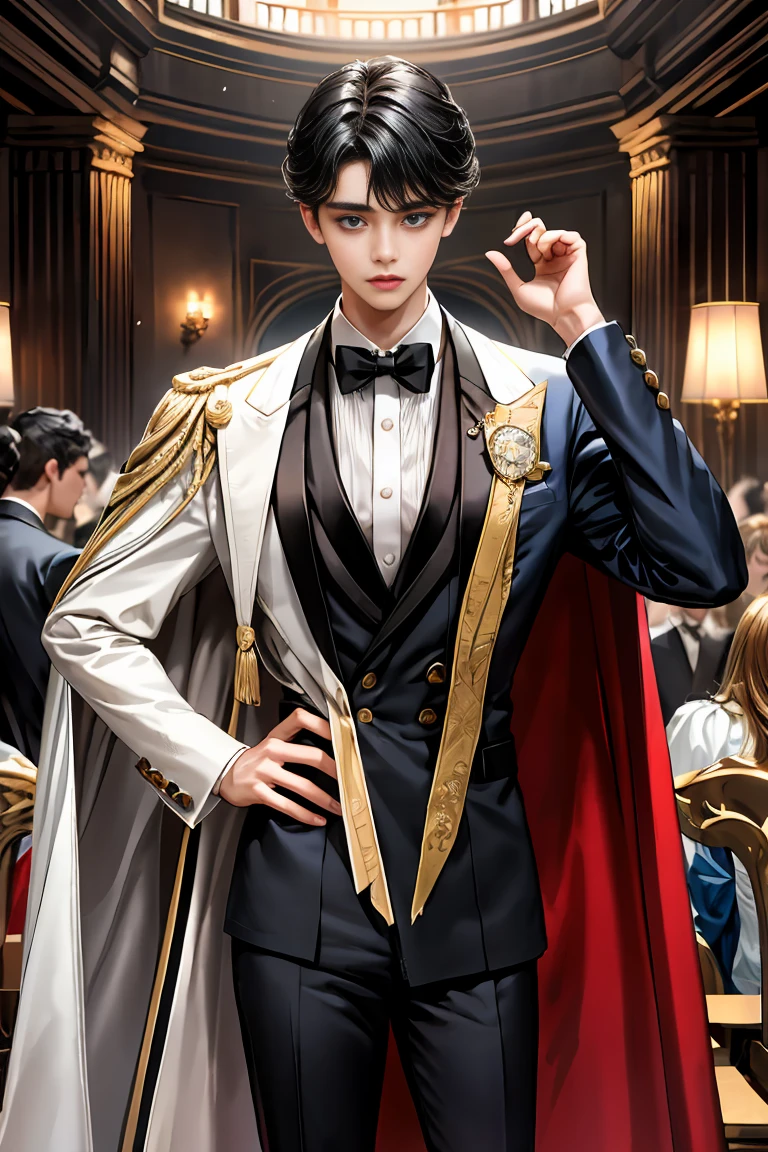 masterpiece, 最high quality, high quality, 1 boy, alone, Male focus, Watching the audience, Messy black hair, Adorable big blue eyes, White, Noble, Noble,Sexy voluminous cape、Tuxedo、A very voluminous, large, very large, very large, long, long red and black cape with a high stand-up collar, reaching down to the floor, made of a lot of fabric., 17 years old,Cute beautiful boys,Cute, cute, kind, handsome guy
