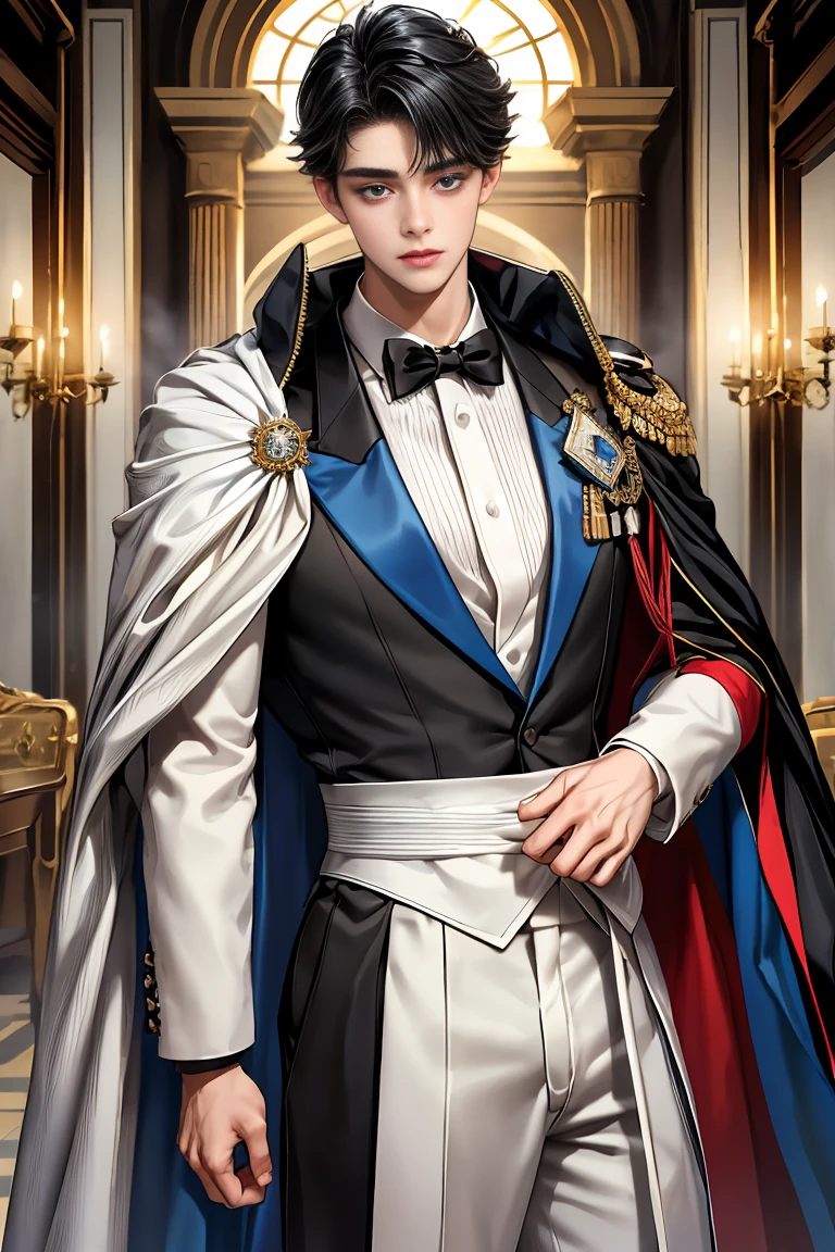 
masterpiece, 最high quality, high quality, 1 boy, alone, Male focus, Watching the audience,  Messy black hair, Adorable big blue eyes, White, Noble, Noble,Sexy voluminous cape、Tuxedo、A very voluminous, large, very large, very large, long, long red and black cape with a high stand-up collar, reaching down to the floor, made of a lot of fabric., 17 years old,Cute beautiful boys,Cute, cute, kind, handsome guy