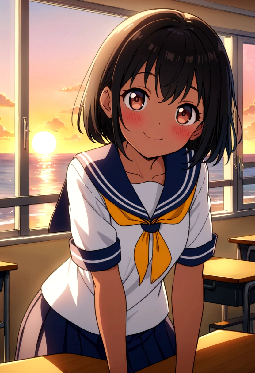 Highest quality、high resolution、Detailed Description、Detailed Background、Accurate depiction、animeスタイル、anime、Cheerful girl、Dark Skin、Sailor suit、School、classroom、Sit on a desk、A mischievous smile、Black Short Hair、Big eyes、cute、Sunset、View of the sea from the window