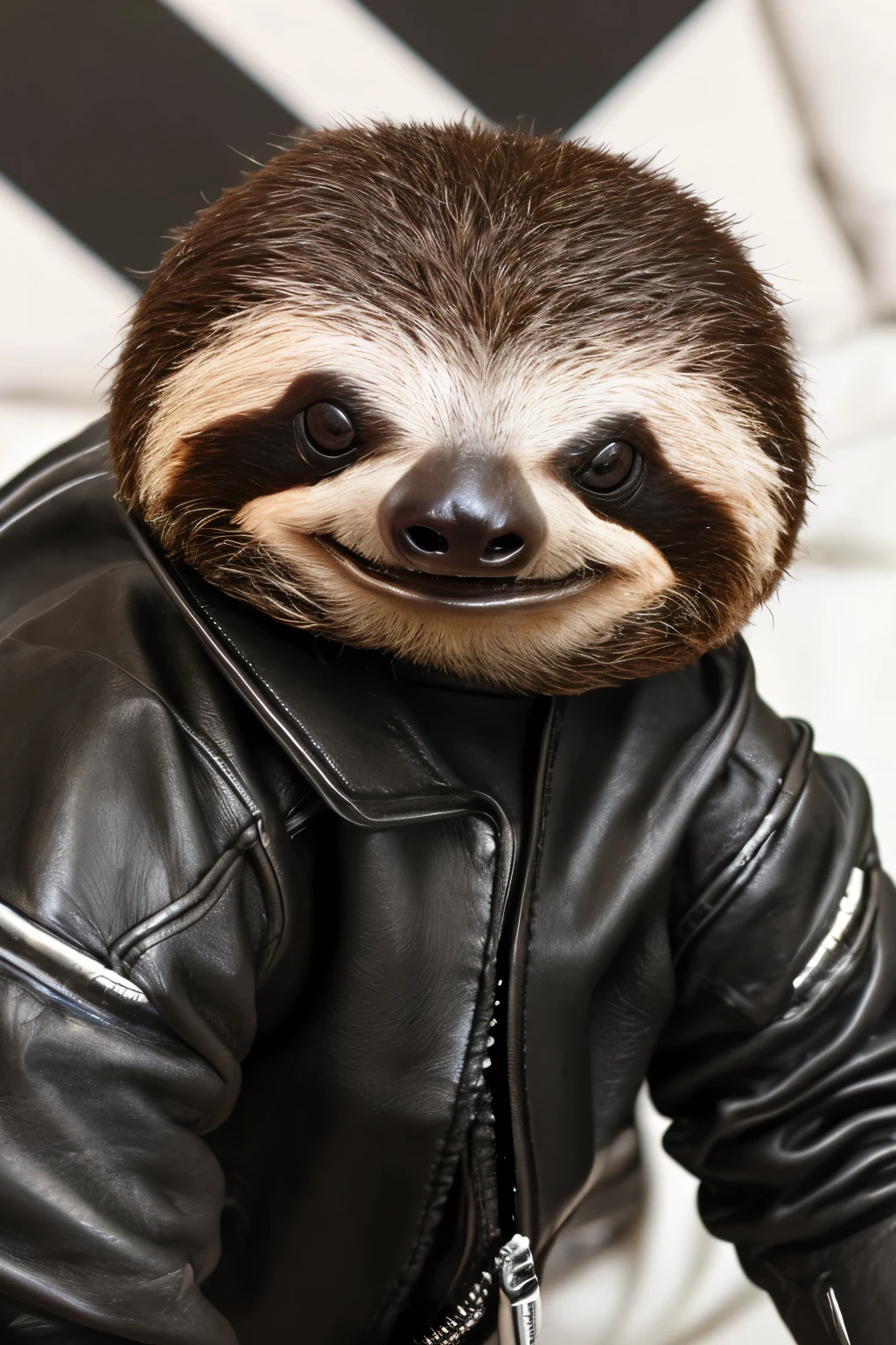 hyper realistic photo of a complete badass sloth, animal sloth wearing black leather biker clothes, black sunglasses, sitting on a bed, showing off a tiny sachet, smiling, romantic vibes