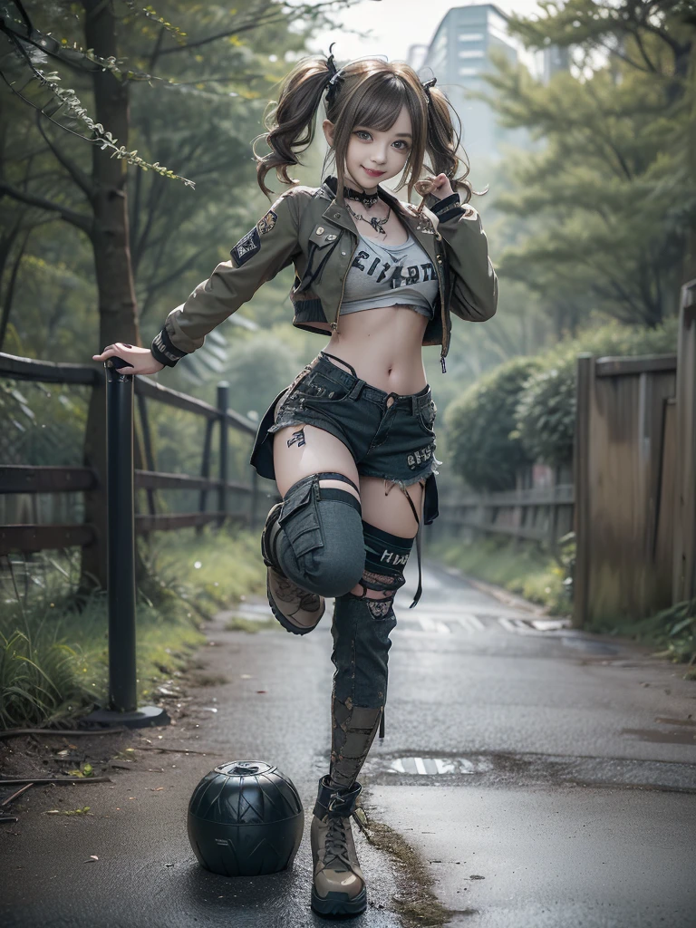 (Hostess:1.3)、(Smiling with teeth showing:1.3),(Shibuya Gal:1.5)、(Landmine Girl:1.4)、(ta Fashion:1.5)、(Punk RockVisual Kei:1.4)、(A modern short jacket in dark grey and moss green.:1.5)、(Tattered brown and charcoal denim low rise cargo pants:1.5)、(Mustard Yellow Headband:1.3)、(Charcoal and khaki striped knee socks:1.4)、collar、(Brown platform long boots)、(Clothing with logo pattern:1.4)、20-year-old、Browsing Caution,((Highest quality、In 8K、masterpiece:1.3))、Sharp focus:1.2、(Layered Cut、Huge breasts:1.1),Beautiful woman with perfect figure:1.4、(Doing an aerobics pose:1.3)、Slim Abs:1.2、Butt、Highly detailed face and skin texture、Fine grain、double eyelid,(Twin tails:1.3)、(Brownish golden hair:1.3)、Obscene、Idol Sculpture、(The landscape is a beautiful temple of water and forest:1.3)、(Slimming your legs:1.4)、(The body is slim:1.3)、(clavicle:1.1)