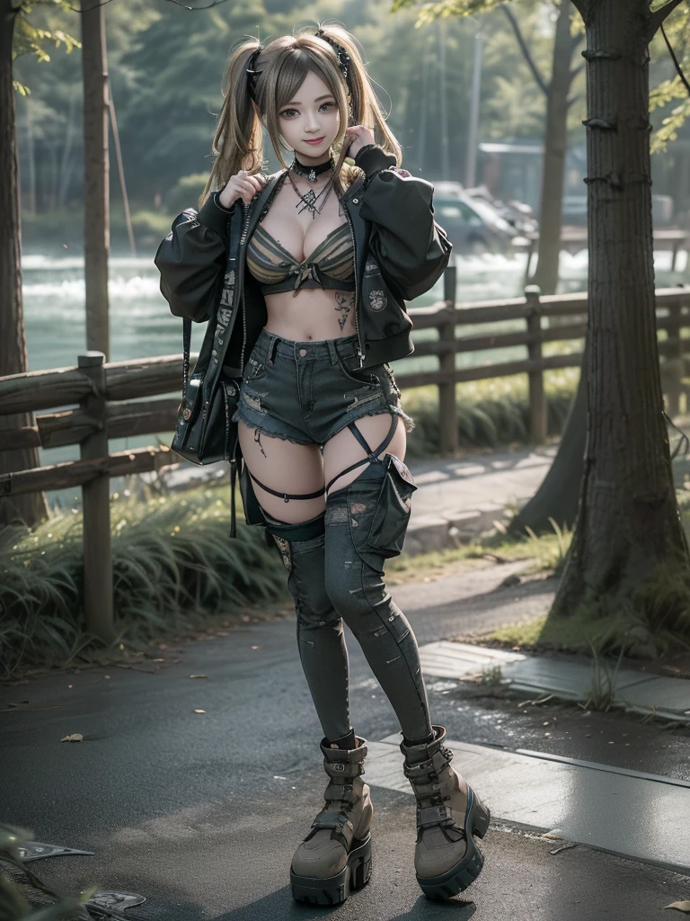 (Hostess:1.3)、(Smiling with teeth showing:1.3),(Shibuya Gal:1.5)、(Landmine Girl:1.4)、(ta Fashion:1.5)、(Punk RockVisual Kei:1.4)、(A modern short jacket in dark grey and moss green.:1.5)、(Tattered brown and charcoal denim low rise cargo pants:1.5)、(Mustard Yellow Headband:1.3)、(Charcoal and khaki striped knee socks:1.4)、collar、(Brown platform long boots)、(Clothing with logo pattern:1.4)、20-year-old、Browsing Caution,((Highest quality、In 8K、masterpiece:1.3))、Sharp focus:1.2、(Layered Cut、Huge breasts:1.1),Beautiful woman with perfect figure:1.4、(Doing an aerobics pose:1.3)、Slim Abs:1.2、Butt、Highly detailed face and skin texture、Fine grain、double eyelid,(Twin tails:1.3)、(Brownish golden hair:1.3)、Obscene、Idol Sculpture、(The landscape is a beautiful temple of water and forest:1.3)、(Slimming your legs:1.4)、(The body is slim:1.3)、(clavicle:1.1)