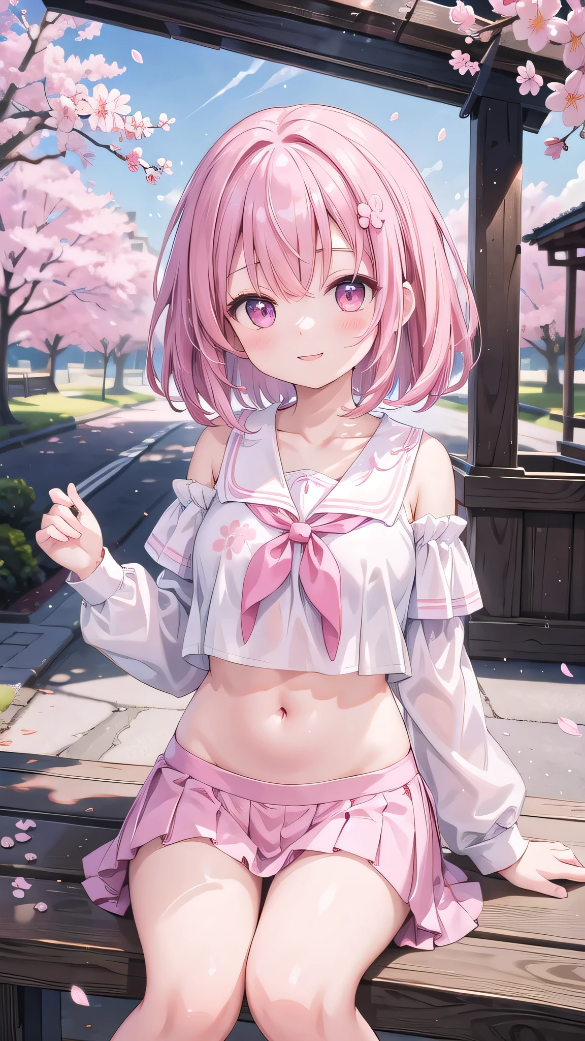(masterpiece), Going out,cherry blossoms, Outdoor, One girl, Off-the-shoulder serafuku, Medium Hair, Pink Hair, smile, Medium chest, Her belly button is visible,Particles of light, Speckled sunlight