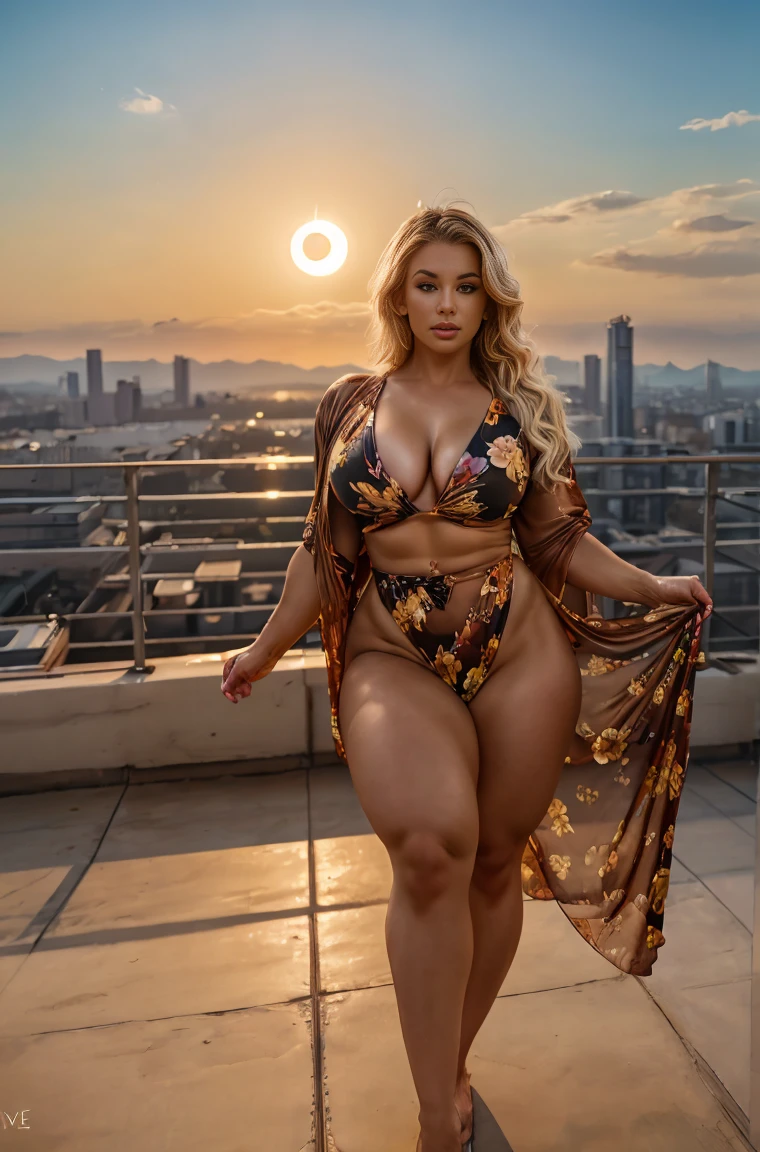 1 curly haired blonde Colombian woman mature 50 years old,built toned curvy body,dressed in a transparent robe floral,standing on a rooftop,enjoying a solar eclipse,realistic,(best quality,4k,8k,highres,masterpiece:1.2),ultra-detailed,(realistic,photorealistic,photo-realistic:1.37),HDR,UHD,studio lighting,ultra-fine painting,sharp focus,physically-based rendering,extreme detail description,professional,vivid colors,bokeh,portraits,dramatic lighting,warm color tones