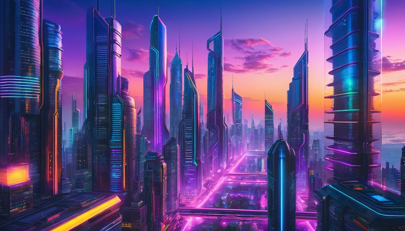 Create a vibrant cityscape at dusk with futuristic skyscrapers and glowing neon lights.