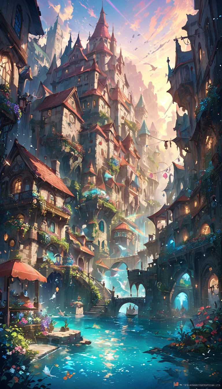 color (Fantasy: 1.2), (hayao miyazaki style), (Irregular Building Floating in the Sea), Patchwork Cottage, Floral decoration, Light, Concept art inspired by Andreas Rocha, Artstation Contest Winner, Fantasy art, (an underwater city), Ross Tran, Light shaft, Realistic lighting, masterpiece, high quality, Beautiful graphics, Attention to detail, masterpiece, high quality, Beautiful graphics, Attention to detail,