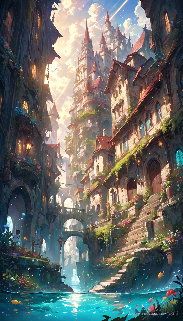 color (Fantasy: 1.2), (hayao miyazaki style), (Irregular Building Floating in the Sea), Patchwork Cottage, Floral decoration, Light, Concept art inspired by Andreas Rocha, Artstation Contest Winner, Fantasy art, (an underwater city), Ross Tran, Light shaft, Realistic lighting, masterpiece, high quality, Beautiful graphics, Attention to detail, masterpiece, high quality, Beautiful graphics, Attention to detail,