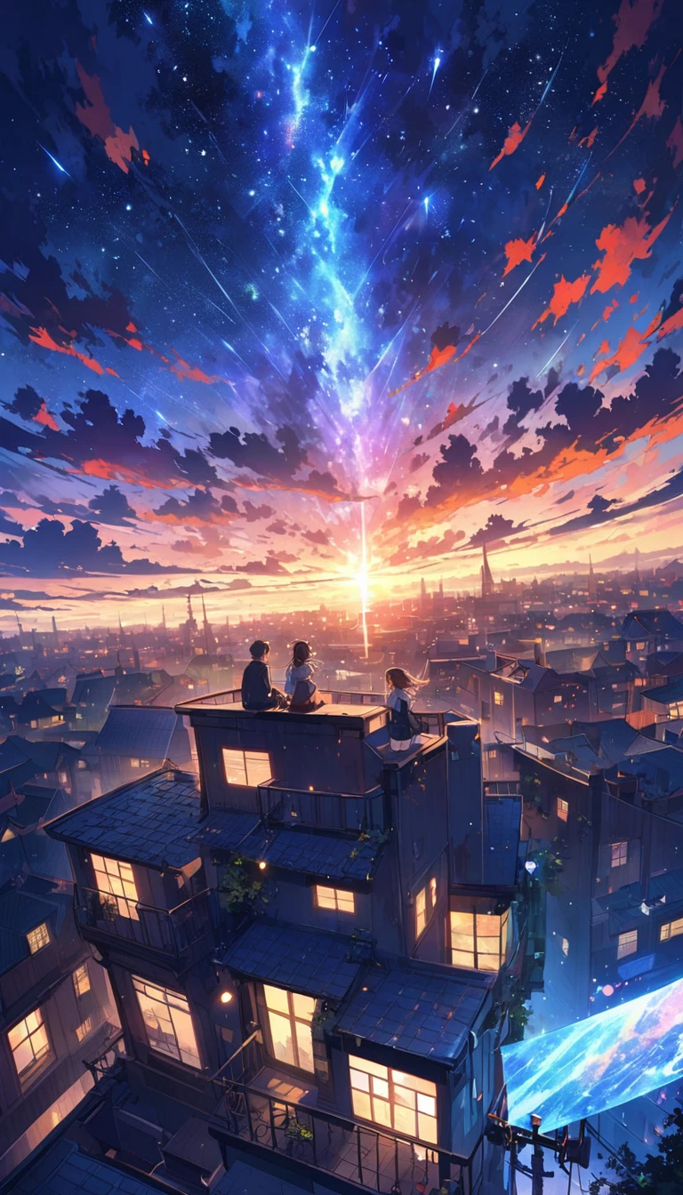 anime paintings inspired by Makoto Shinkai, space art, black cats sitting on building rooftops looking at the sky, mysterious, fantastic, meteor showers, intricate lights, twinkling city lights,