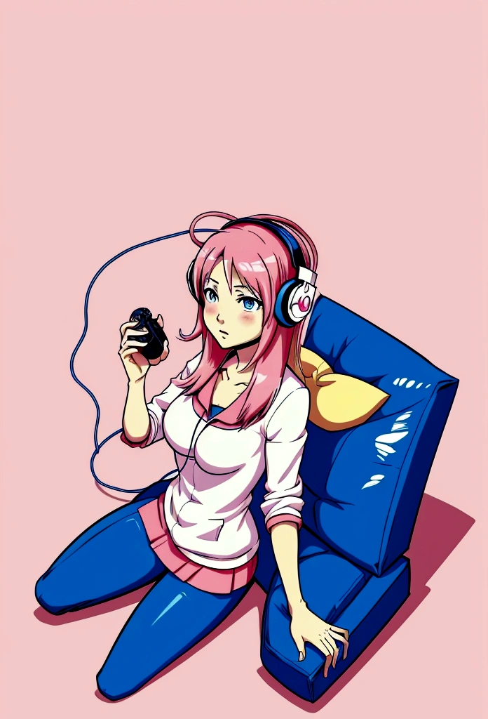 Anime girl sitting on the floor with headphones on and playing a video game  is playing games with headphones on，Game console in hand，Please pay close attention to the console，floating in the air，The background is a bright color，Comic style