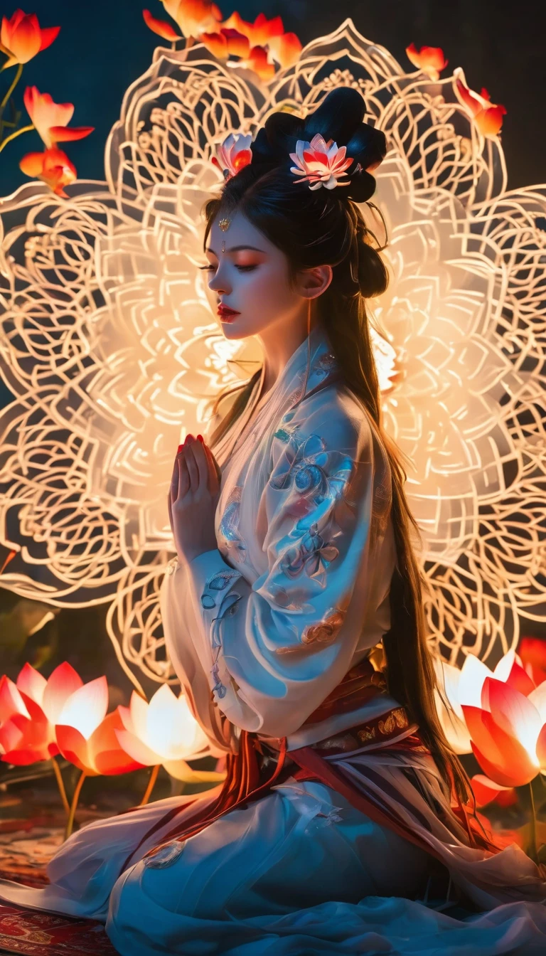 Lotus pose girl full body photography，Raw, Filming, (Clear focus:1.5), (Reality:1.4), Dusk lighting, Volumetric Lighting, Ultra-high resolution,Dramatic Lighting, White background,（tangled，Mandala，dispute，Entanglement), Fox Demon，Fox Mask，short jacket, Foxfire Curse, fox family, Transformation, Depth of Field, Dreamy atmosphere, The most beautiful chaos, grace, Brutalist Design Dark Theme, Flower of Death, Flowers of ecstasy，Glowing Line,Glow Example，Tracking Example，flash， Backlight，translucent，Light Particles