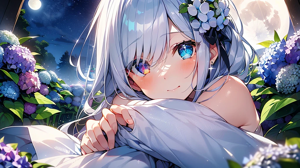 Best quality、Photorealistic、Ultra-detailed、delicate、Orderly、High Detail、Bluish Silver Short Bob、(Drooping heterochromia iris,glowing eyes、Sparkling Eyes:1.lender、(One girl:1.2)、(moon、night、Night Sky、Dark Night、Glowing Hydrangea、Mysterious Light、Girl hugging herself:1.3)、