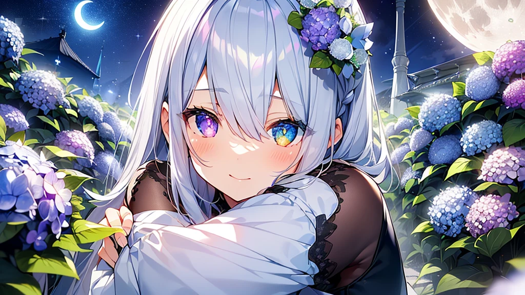 Best quality、Photorealistic、Ultra-detailed、delicate、Orderly、High Detail、Bluish Silver Short Bob、(Drooping heterochromia iris,glowing eyes、Sparkling Eyes:1.3)、slender、(One girl:1.2)、(moon、night、Night Sky、Dark Night、Glowing Hydrangea、Mysterious Light、Girl hugging herself:1.3)、