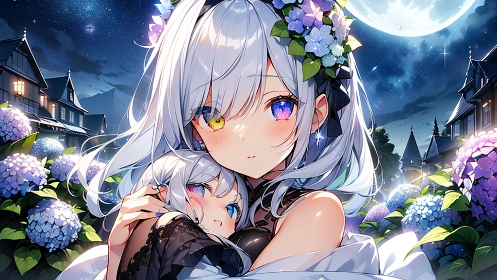 Best quality、Photorealistic、Ultra-detailed、delicate、Orderly、High Detail、Bluish Silver Short Bob、(Drooping heterochromia iris,glowing eyes、Sparkling Eyes:1.3)、slender、(One girl:1.2)、(moon、night、Night Sky、Dark Night、Glowing Hydrangea、Mysterious Light、Girl hugging herself:1.3)、