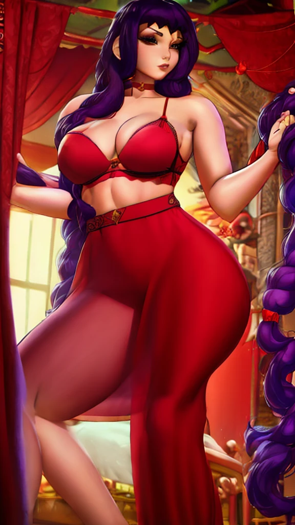  a sexy girl big breast long purple hair wavy braids dresses red belly bra and long red pants happy Arabia