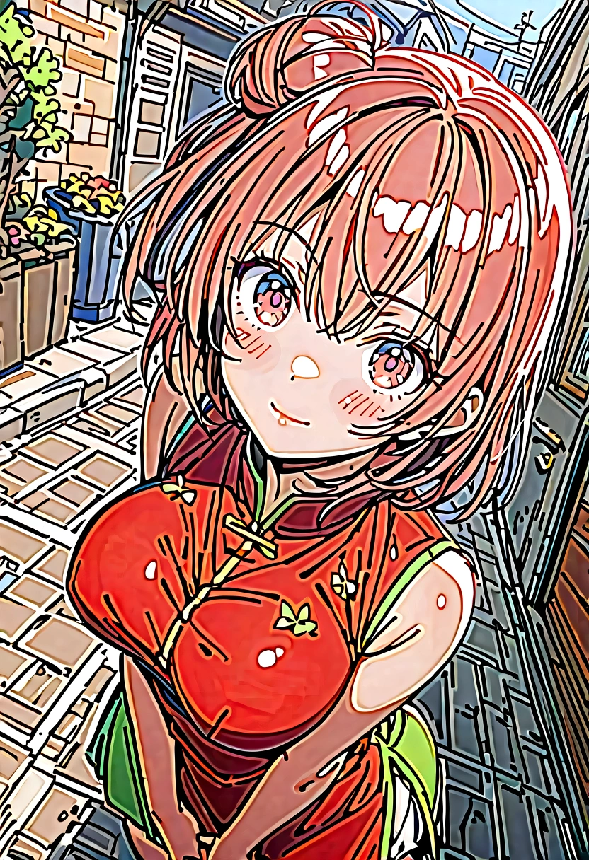 (Highest quality, High resolution, Pixel perfect, Written boundary depth, 4K), Beautiful Anime Girls, Beautiful art style,
Looking at the audience,
Perfect body,
Yuigahama Yui, short hair, Hair Bun,
Large Breasts,
(The whole face turns red),shy,
On the street,
(Oekakizuki Cheongsam), Thighs,
From above, Upward glance,