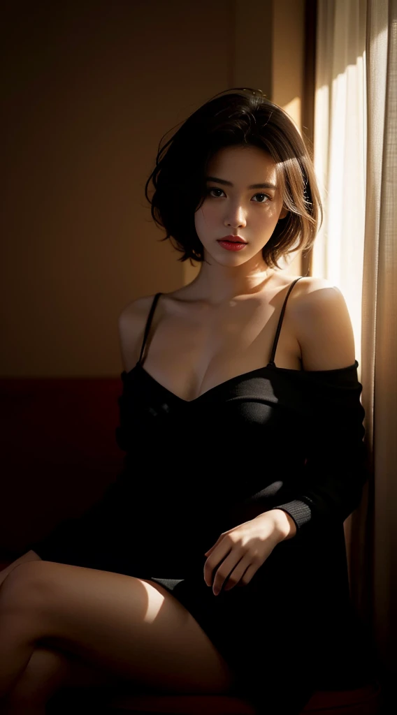 Best quality, masterpiece, ultra high res, (photorealistic:1.5), raw photo, 1girl, offshoulder, in the dark, deep shadow, low key, cold light, sexy look, short hair,miniskirts