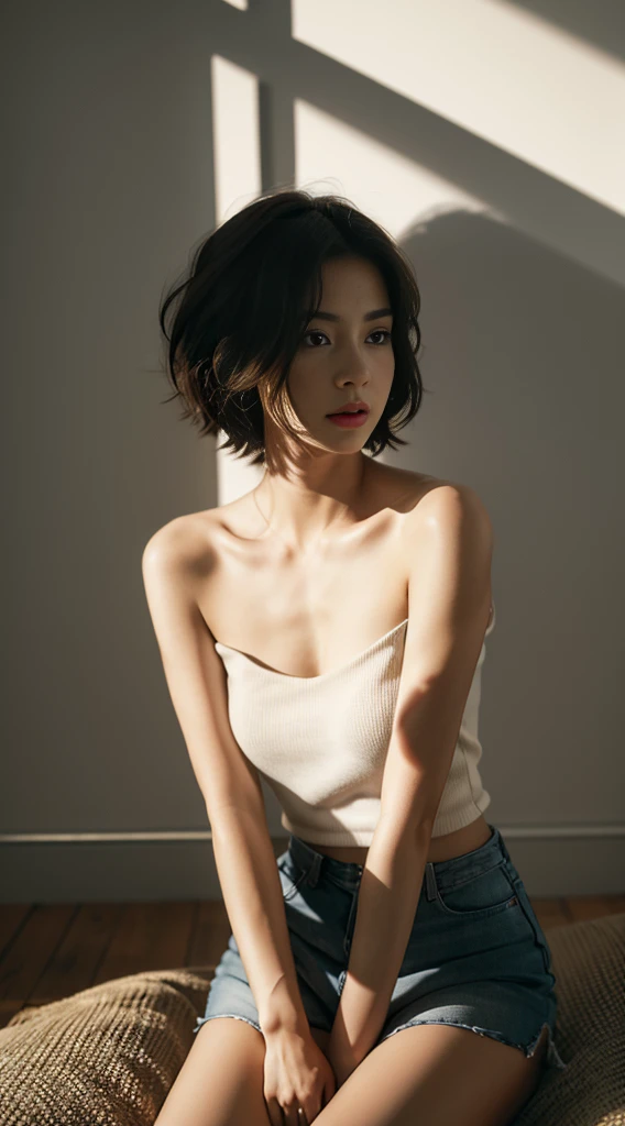 Best quality, masterpiece, ultra high res, (photorealistic:1.5), raw photo, 1girl, offshoulder, in the dark, deep shadow, low key, cold light, sexy look, short hair,miniskirts