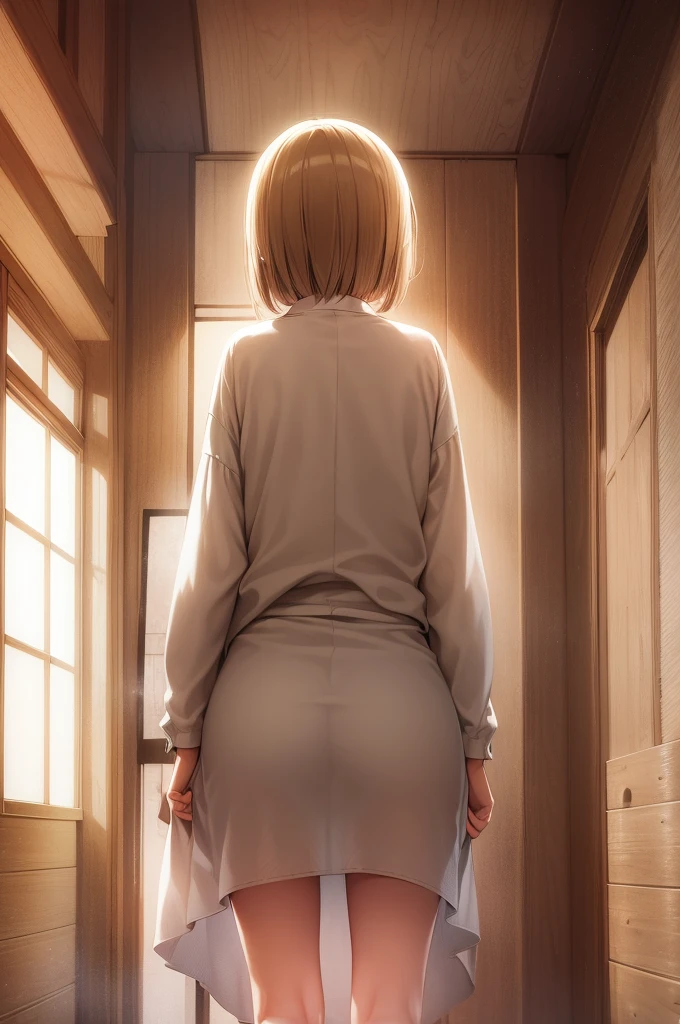 nsfw,Highest quality、Very delicate and beautiful、I、(( ))、Japanese Girl、Primary school students、Brown Hair、Short Bob、Are thin、Slim figure、Bright room、Daytime、Sweat、Are standing、Shooting from behind、Accentuate your butt、Low - Angle、Dutch Angle、ceiling、Shooting from below、