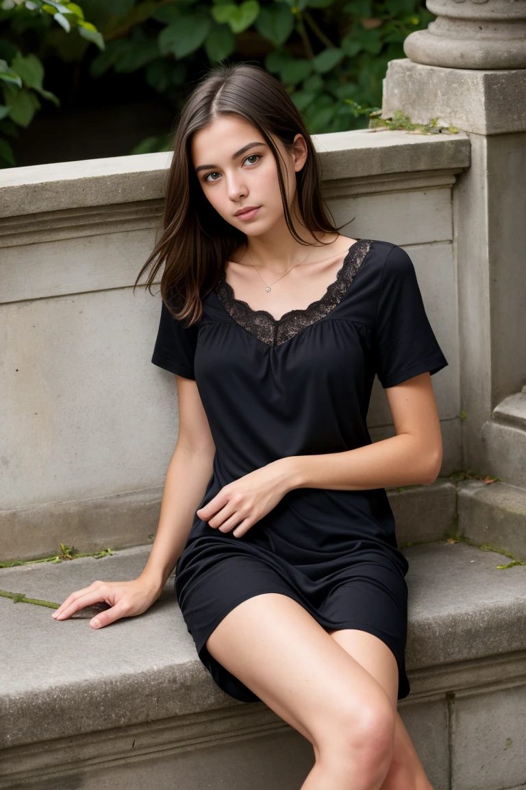 (best quality,realistic,ultra-detailed),a sexy and slim 18-year-old French brunette woman in black short sleeve nightdress, visible leg,sur un banc,