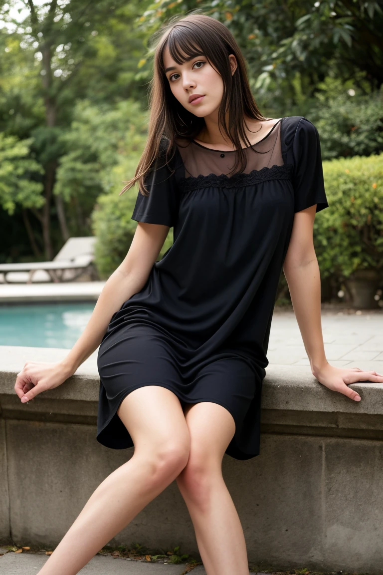 (best quality,realistic,ultra-detailed),a sexy and slim 18-year-old French brunette woman in black short sleeve nightdress, visible leg,sur un banc,