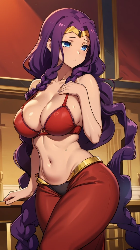 a sexy girl big breast long purple hair wavy braids dresses red belly bra and long red pants happy Arabia