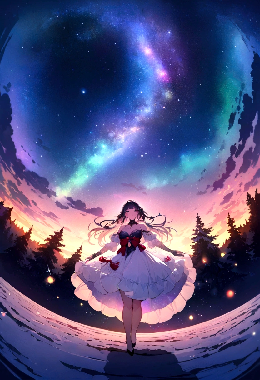 Stunning 8K RAW Image Masterpieces, Glitter Splash captures the beauty of space, Depicting a girl from the Warring States Period surrounded by a charming starry sky, Gorgeous fireworks in the sky, and the stunning sight of the Northern Lights dancing across the Milky Way. Fisheye lens effect creates a festive atmosphere.