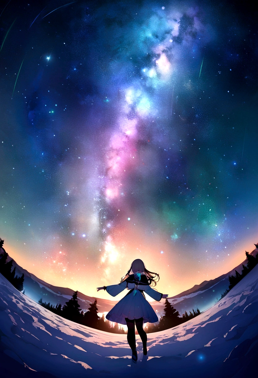 Stunning 8K RAW Image Masterpieces, Glitter Splash captures the beauty of space, Depicting a girl from the Warring States Period surrounded by a charming starry sky, Gorgeous fireworks in the sky, and the stunning sight of the Northern Lights dancing across the Milky Way. Fisheye lens effect creates a festive atmosphere.