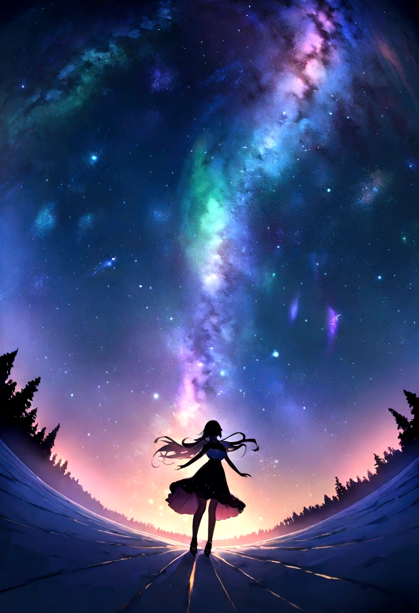 Stunning 8K RAW Image Masterpieces, Glitter Splash captures the beauty of space, Depicting a girl from the Warring States Period surrounded by a charming starry sky, Gorgeous fireworks in the sky, and the stunning sight of the Northern Lights dancing across the Milky Way. Fisheye lens effect creates a festive atmosphere.