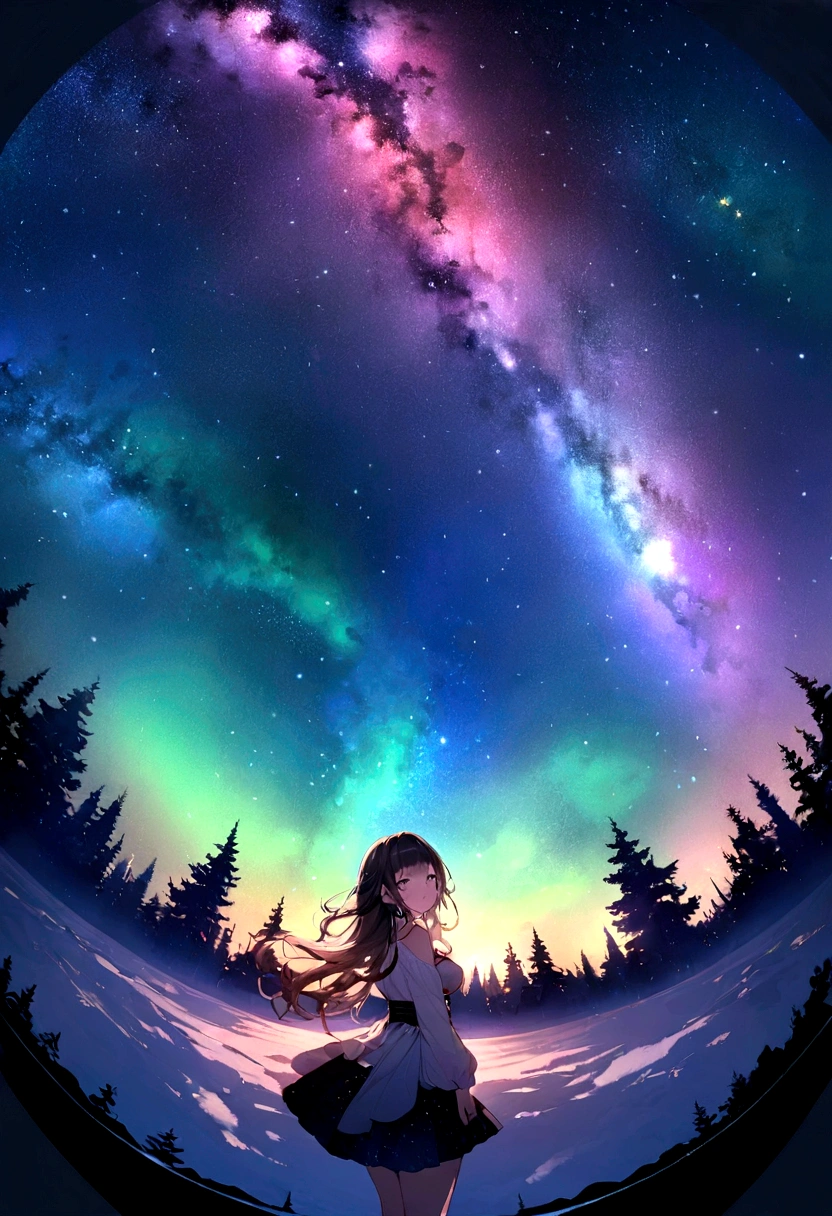 Stunning 8K RAW Image Masterpieces, Glitter Splash captures the beauty of space, Depicting a girl from the Warring States Period surrounded by a charming starry sky, Gorgeous fireworks in the sky, and the stunning sight of the Northern Lights dancing across the Milky Way. Fisheye lens effect creates a festive atmosphere.