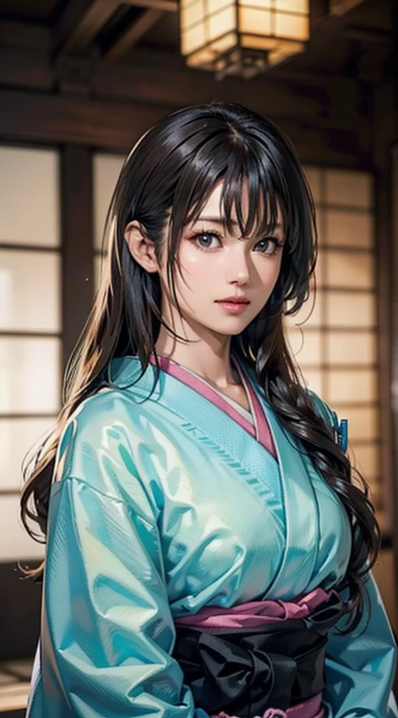 (Realistic)、(Realistic:1.2)、(High resolution)、Very detailed、Very beautiful face and eyes、1 girl、Delicate body、(highest quality、Attention to detail、Rich skin detail)、(highest quality、8k、Oil paint:1.2)、Very detailed、(Realistic、Realistic:1.37)、Bright colors、Full Body Shot,black_hair, Beautiful 8k eyes,Looking_in_Audience,One person in,Are standing,((Very beautiful woman, Fuller lips, Japanese pintern kimono))、((Colorful Japanese kimono)))、(((blackhair)))、(((Blunt bung,long straight hair)))、((( Inside an old Japanese house with a (short focus :1.4),)))、(masterpiece, highest quality, highest quality, Official Art, beautifully、aesthetic:1.2),(Fractal Art:1.3),Sengoku period、Greg Rutkowski Written by Alphonse Mucha Ropp,short ,uchikake,nishijin ori,(realistic light and shadow), (real and delicate background),(muted colors, dim colors, soothing tones:1.3), low saturation, (hyperdetailed:1.2), (noir:0.4),drow,blurry_light_background, (vibrant color:1.2), cinematic lighting, ambient lighting,Single Shot,Shallow Focus,pink lip,blurry light background,