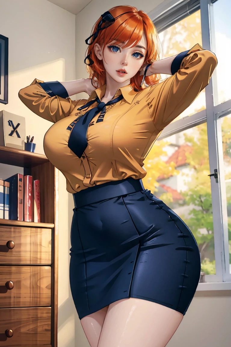 PERFECT CG 8K, UHD QUALITY RESOLUTION WALLPAPER, PHOTOREALISTIC, the most beautiful and sexy girl, wearing a office blouse and skirt, dyed ginger hair, vibrant eyes, long detailed eyelashes, pale skin, sexy slutty seductive pose, in a bedroom, best quality, best resolution, stockings, front full height shot