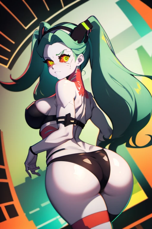 1girl, rebecca \(cyberpunk\), solo, twintails, black hairband mechanical eye, colored sclera, red sclera, colored skin, white skin, leg tattoo, neck tattoo, green hair, huge breasts, black bra, thong, red pupils, skin fang, red eyes, huge ass