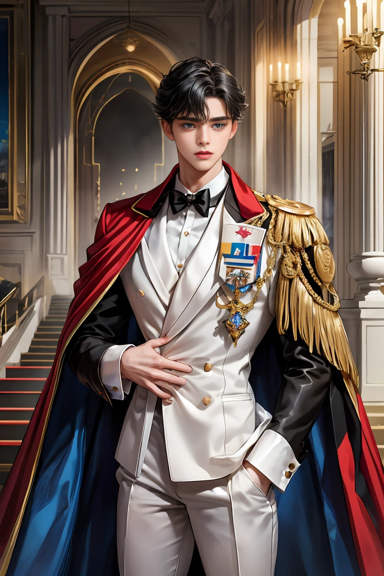 masterpiece, 最high quality, high quality, 1 boy, alone, Male focus, Watching the audience, Messy black hair, Adorable big blue eyes, White, Noble, Noble, Tuxedo、A very voluminous, large, very large, very large, long, long red and black cape with a high stand-up collar, made of a lot of fabric that reaches down to the floor., 17 years old,Cute beautiful boys,Cute, cute, kind, handsome guy