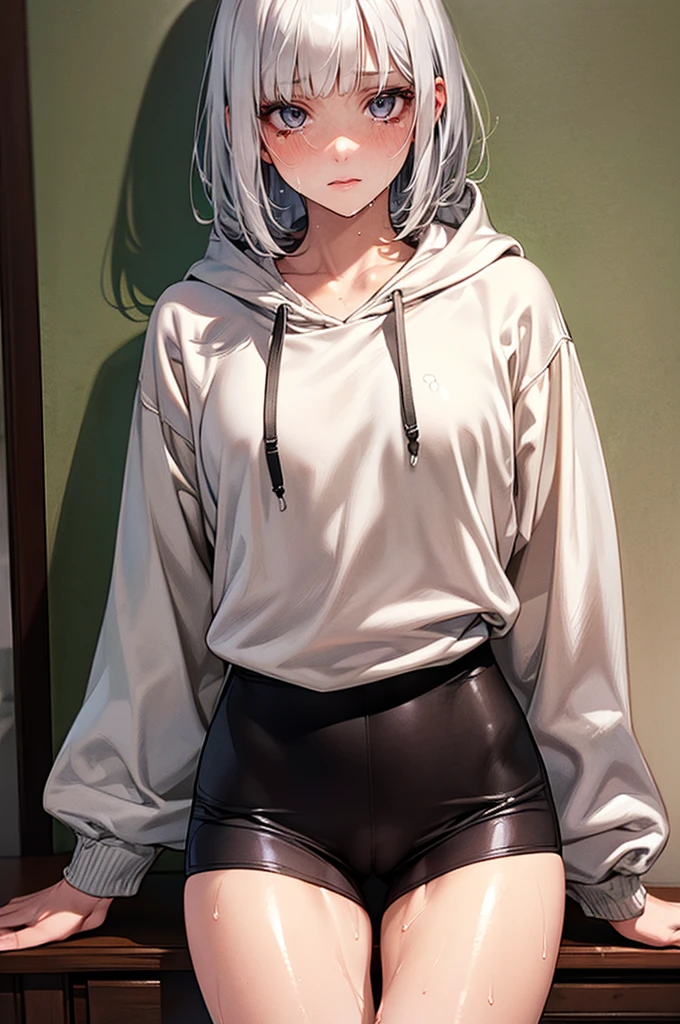 NSFW,(((perfect anatomy,realistic:1.4,RAW Photography:1.4,masterpiece、highest quality、Ultra - High resolution、High resolution、Highly detailed CG、8K))),cowboy shot,1 female,solo,18 year old beauty,Japanese,((beautiful detailed face and eyes:1.3,big gorgeous eyes:1.3,gray eyes)),white hair, inner color hair, short bob hair,blunt bangs,blush,(medium breasts,slender body,small head:1.3,skinny),(gleaming skin,shiny skin,sweat:1.4),(Wet crotch),(oversized_black_sweatshirt_hoodie,Long sleeve、Bare legs),full open cloth,((spread legs)),、bottom less, show off pussy, no bra, lift up shirt ,(love juice)