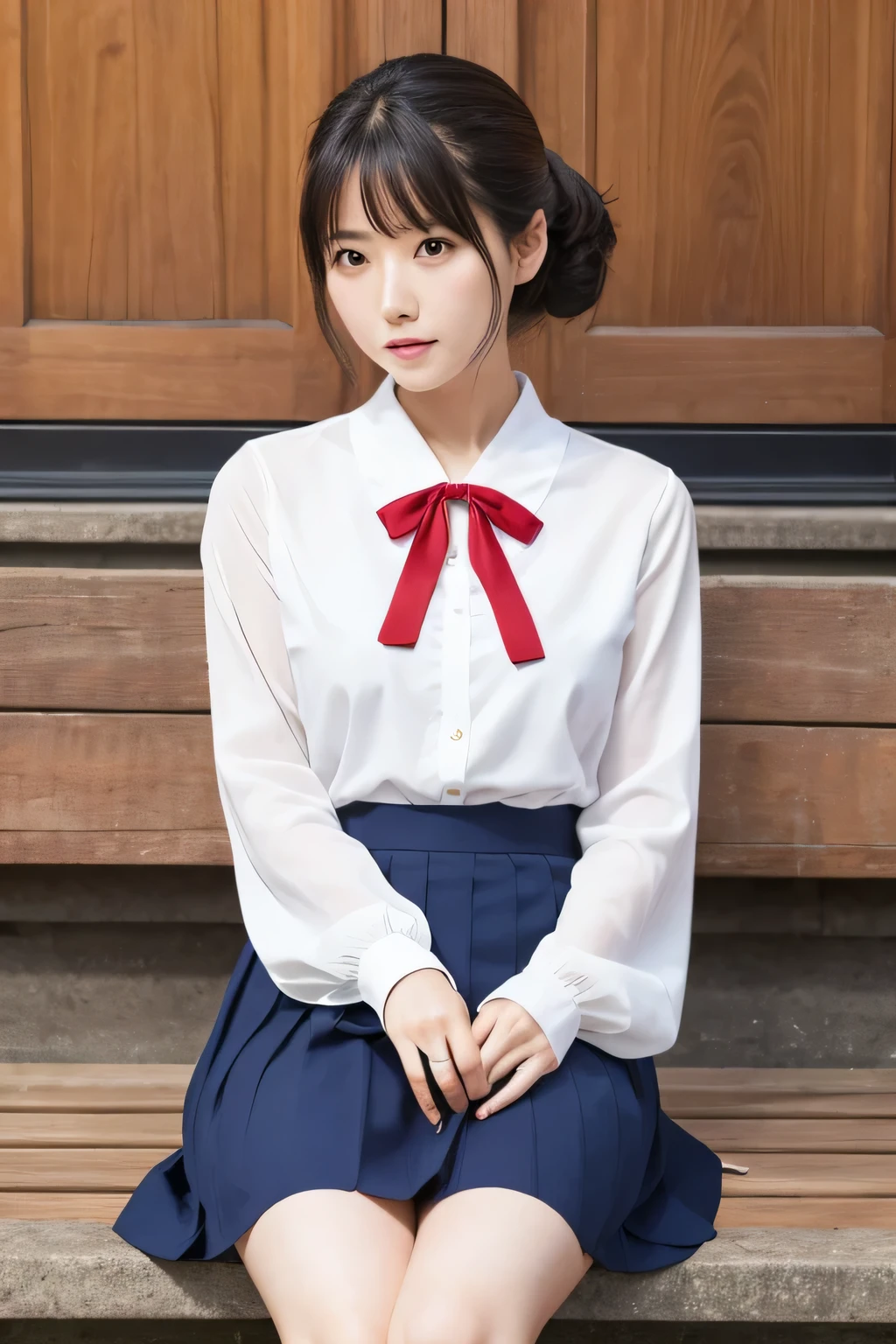 ２０A Japanese woman around the age of, White blouse, Navy Blue Skirt, Red ribbon, Sitting, There are wrinkles on the sleeves