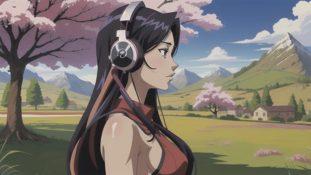 Anime girl with headphones and a cherry tree in the background sam yang, 1girl, black hair, breasts, closed mouth, day, grass, headphones, lips, long hair, mountain, outdoors, profile, shadow, small breasts, solo, tree , ((masterpiece)) anime background art, amazing wallpaper, background art, hd wallpaper, relaxing concept art, beautiful wallpaper, high quality desktop wallpaper, background artwork, pc wallpaper, anime background, wallpaper hd, 8K image quality, Masterpiece