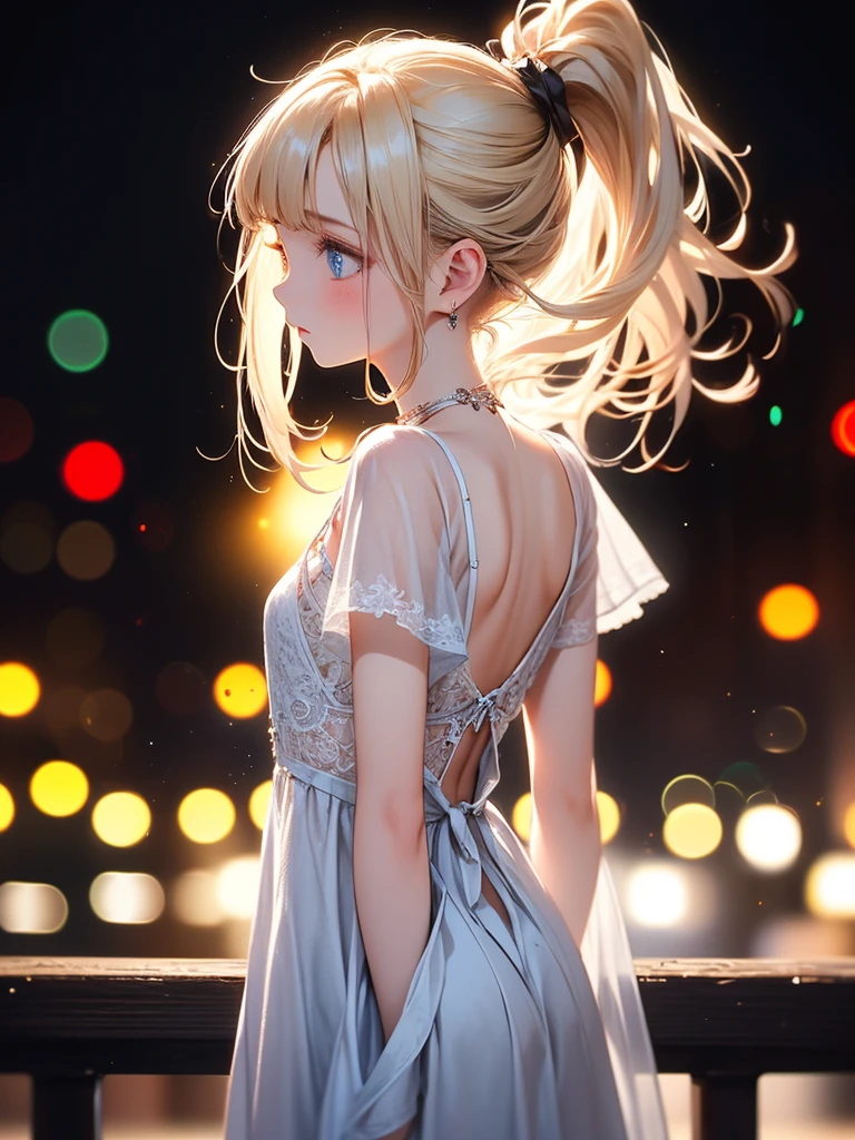 (masterpiece),(highest quality:1.2),((arms behind back)),(1 girl),face focus,(Flat Chest),highest quality,Blonde ponytail,Blunt bangs,(From the side),looking up,Beautiful and detailed blue eyes,detailed clothes of white,Disappointed,pastel tones,soft cinematic lighting,Bokeh,city lights