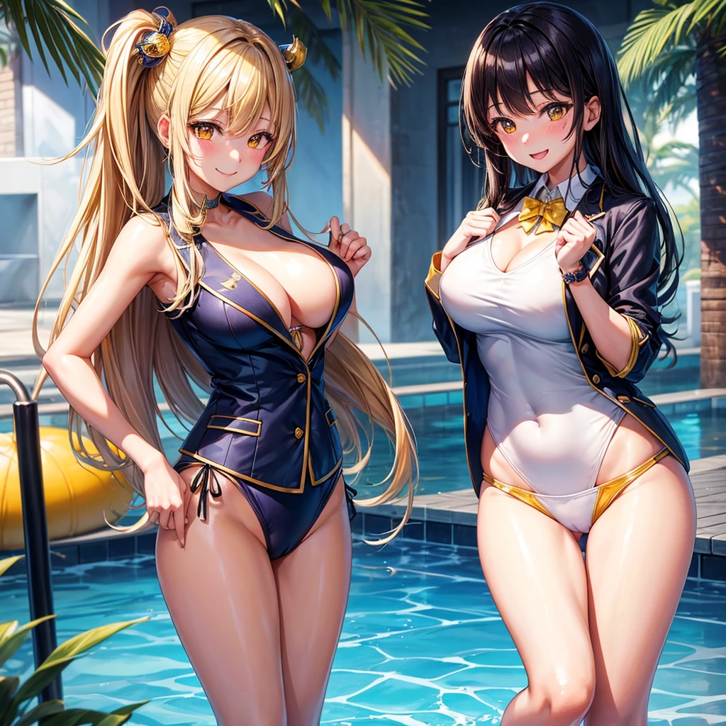 best quality，8K，smile，blazer，middle School girls，beautiful girl,swimsuit,比基尼,multiple girls are depicted，harem，idol group，photo shoot，long hair，highest quality，big breasts，happy girl,horny girl，yellow eyes，Pool，Beautiful Girl Country，Beautiful Girl&#39;s Paradise，fur jacket，perfect face，standing position,girls hugging each other，letting down one&#39;s Bangs，beautiful eyes,Ocean,girls hugging each other,smooth hair，Angel Girl，multicolored hair colors，naughty girl，beautiful girl，beautiful girl，loose socks