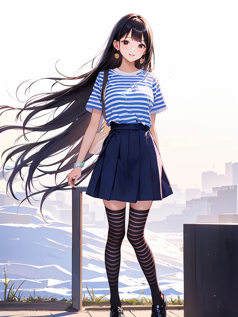 araffed asian woman in a short skirt and striped shirt, thighhighs and skirt, outfit photo, full body picture, full body!!, full body!, attractive pose, full body! pretty face, full body photogenic shot, full body pictures, full_body!!, striped pantyhose, with clothes on, casual pose, fullbody photo, wearing skirt and high socks