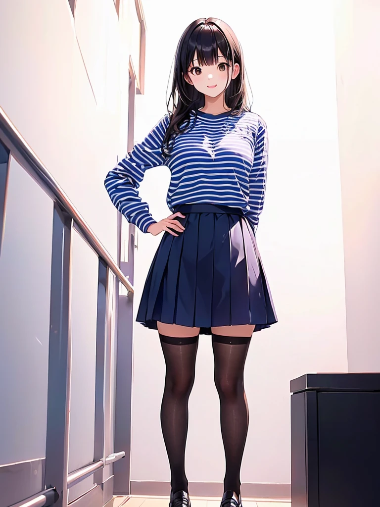 araffed asian woman in a short skirt and striped shirt, thighhighs and skirt, outfit photo, full body picture, full body!!, full body!, attractive pose, full body! pretty face, full body photogenic shot, full body pictures, full_body!!, striped pantyhose, with clothes on, casual pose, fullbody photo, wearing skirt and high socks