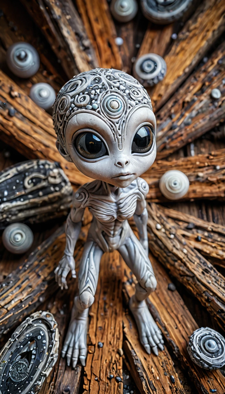 alien-themed macro photography of a mini cute [rock|gem] alien, vibrant shades of gray and white paint swirl across aged wood, revealing the emergence of a charming extraterrestrial alien being amidst the kaleidoscopic chaos, encapsulating the essence of cosmic wonder in perfect clarity and precision. . extraterrestrial, cosmic, otherworldly, mysterious, sci-fi, highly detailed,