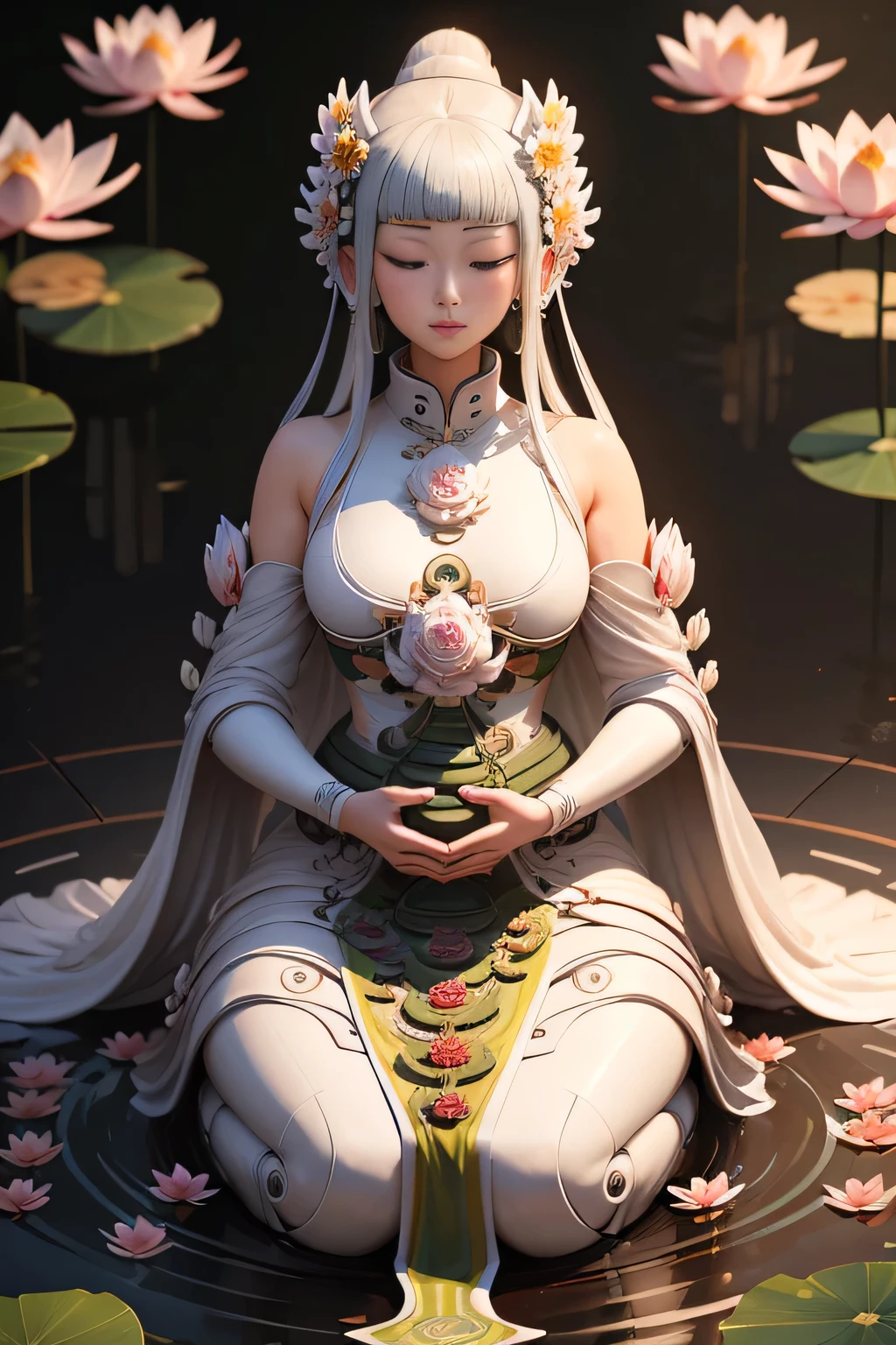 1000-armed robotic Kannon prays in a lotus garden, Digital Art H 960