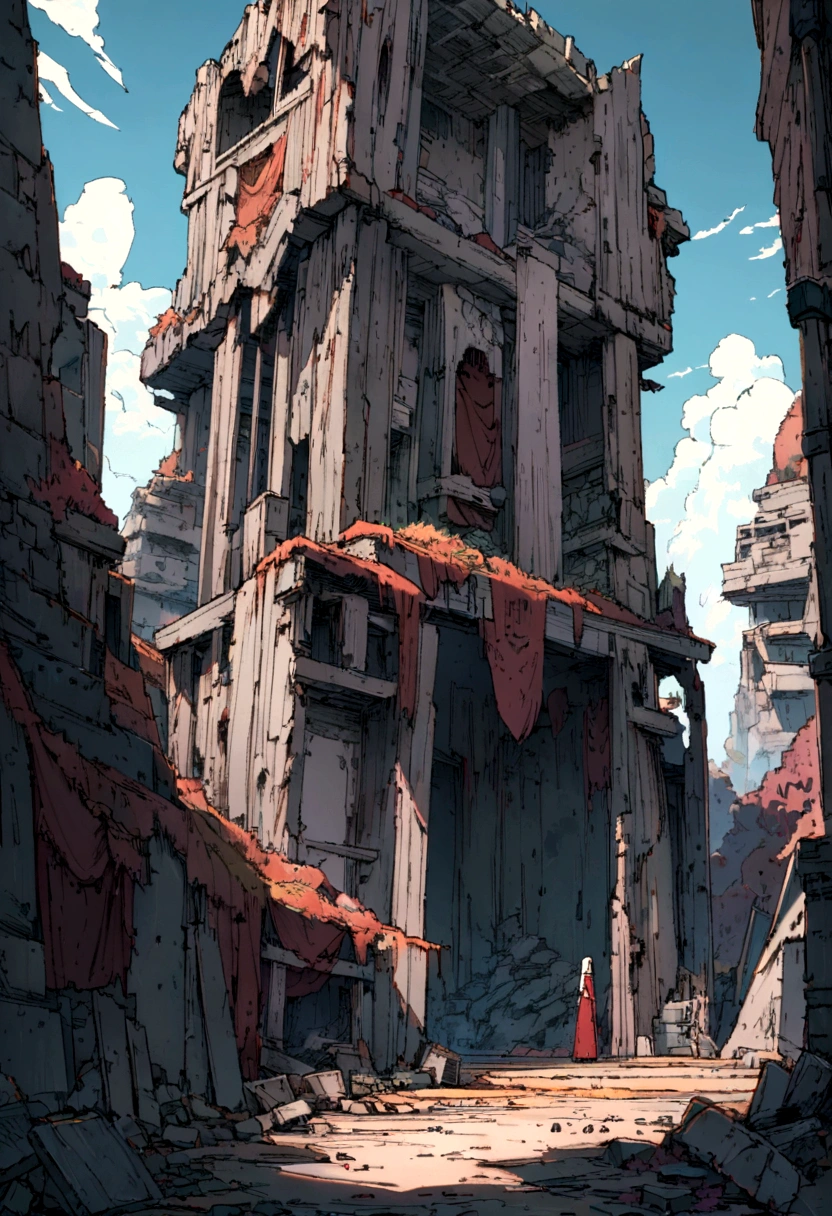 A row of weathered ruins stands in a world after civilization has collapsed.,A standing there,Red clothes, high quality, 8k