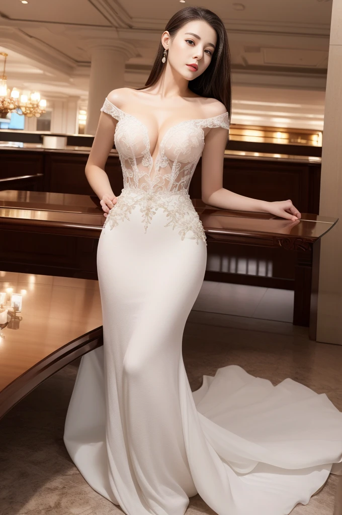 1 female,solo,Realistically,非常高的quality,Extremely detailed,(Huge breasts),Best lighting,quality:8K,Soft skin tone,bust,Sexy ,Pure white dress,Luxury lobby,High-end furniture。
