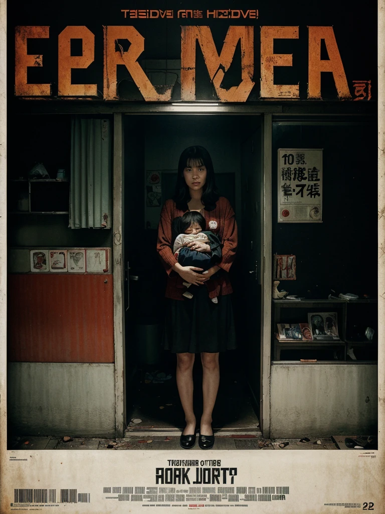 movie poster for horror mockumentary found footage,(dark water),official poster, official poster artwork, horror mockumentary found footage, horror poster, poster artwork, full poster, character poster, poster, poster cover art, horror movie, poster art promotion, Japanese horror film, examining the life of a mother and child, film poster, rundown apartment, small entity, terror of small entity, cursed apartment, film poster, Japanese horror film poster, 2002 film