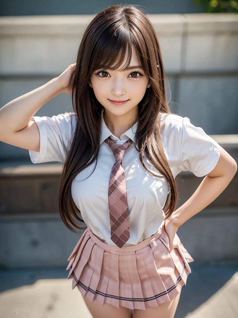 8K, Highest quality, The real picture, Intricate details, Very detailed, Ultra-high resolution, Depth Field,(Realistic,Realistic:1.2),Tabletop , (Full Body Shot) , From the middle , 1 girl, eye_Chan, Very beautiful 17 year old girl, innocent big eyes,、Beautiful breasts:1.5、非常に詳細なeye:1.2)、(Beautiful breasts:1.1)、((Brown Hair))、(Semi-long hair), Asymmetrical bangs, Perfect Skin, Fair skin, Small breasts, Tight waist, alone, Staring at the audience, (smile)、((School_uniform), (White shirt、Wear a tie), (Pink checkered pleated micro mini skirt), ((Fold your arms in front of your chest and act arrogantly)), ((楽しそうなsmile)), ((Perfect hand shape))