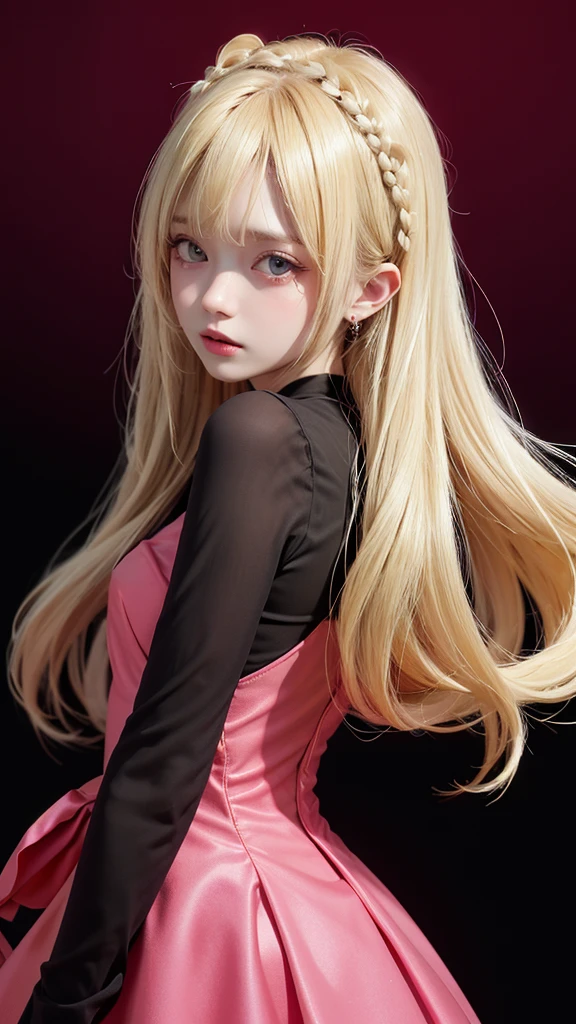 Long blonde girl, Wearing a pink dress, black,red,dark light yellow background