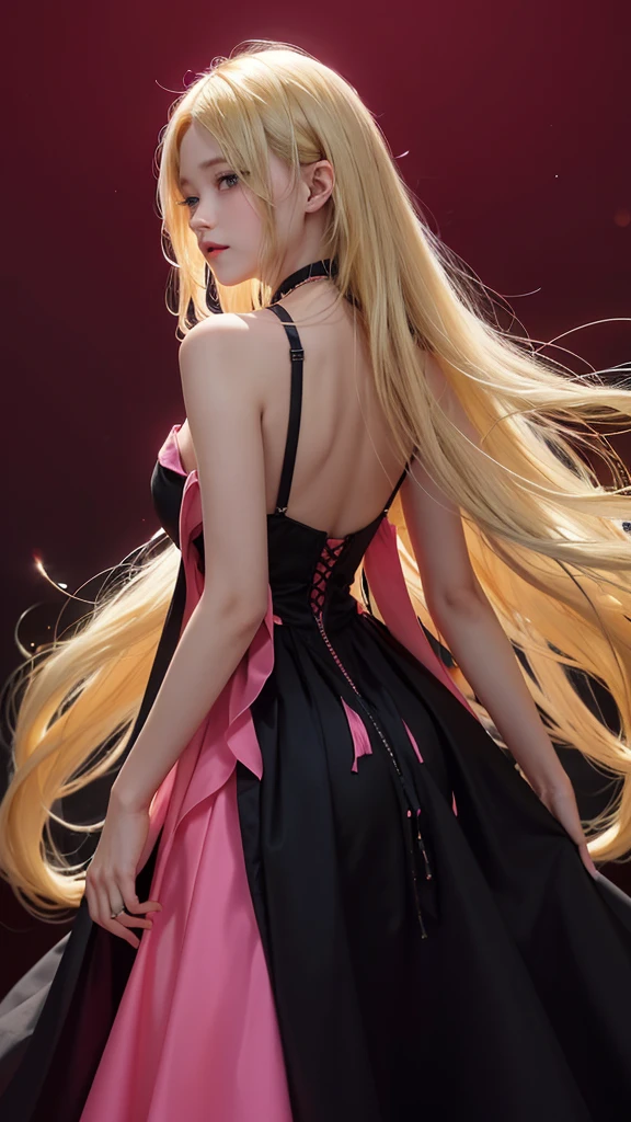 Long blonde girl, Wearing a pink dress, black,red,dark light yellow background