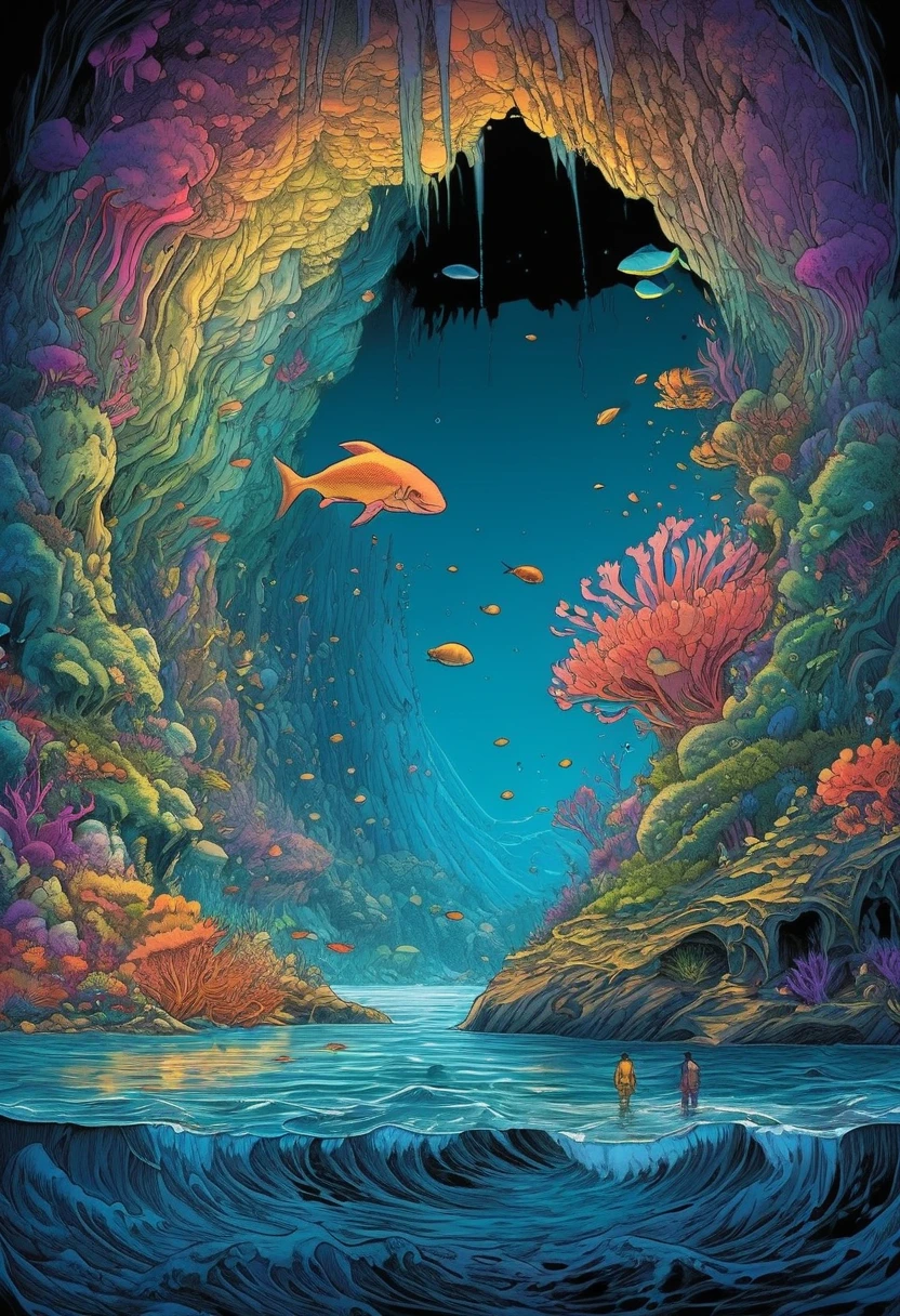 Deep Sea Reveal Cave、high ceiling cave、diego gisbert lawrence、Josan Gonzalez、By Dan Mumford、Picture book illustrations、Psychedelic Art、One Girl、Bubbling、Coral、Angel T、horizon、water、vague、superwide shot,Tabletop、Highest quality、Ultra-detailed、Intensive、Golden ratio composition、