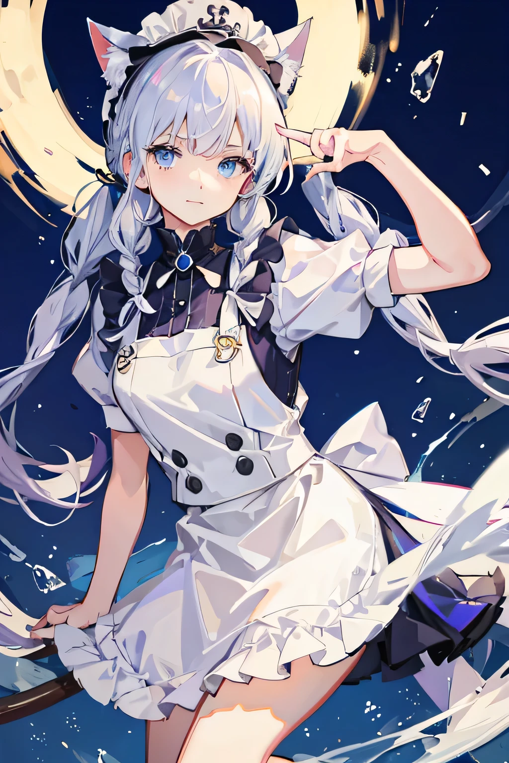 White-haired,Down braided pigtails,Blue Eyes,female,cute,girl,maid uniform,cat ears,hat
